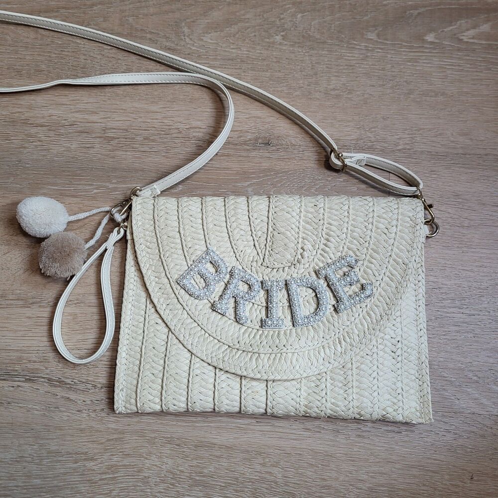 Bride pearl straw crossbody clutch wristlet convertible